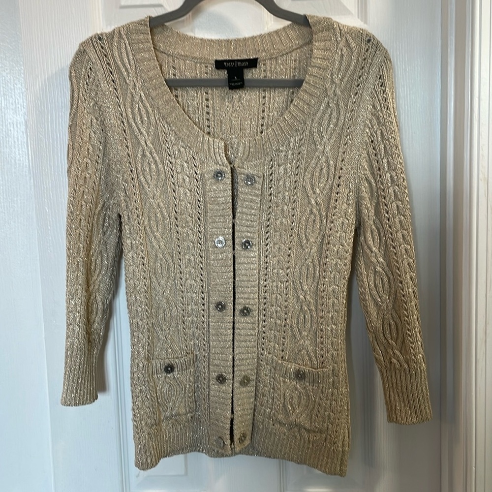 WHITE HOUSE BLACK MARKET GOLD SHIMMERY 3/4 SLEEVE CARDIGAN SWEATER SZ SMALL